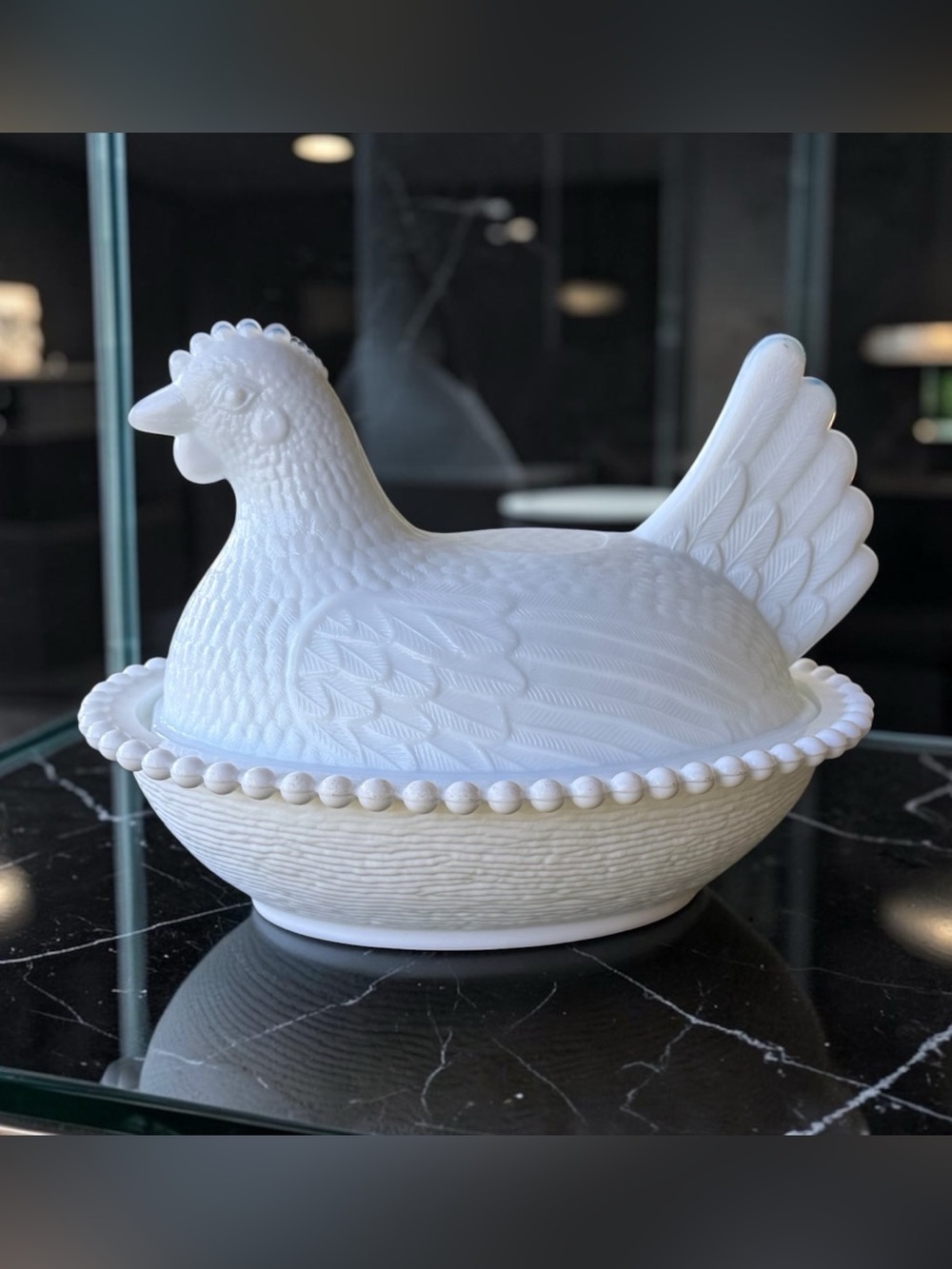 VTG White Milk Glass Hen on Nest Covered Dish Indiana Glass Chicken Farmhouse